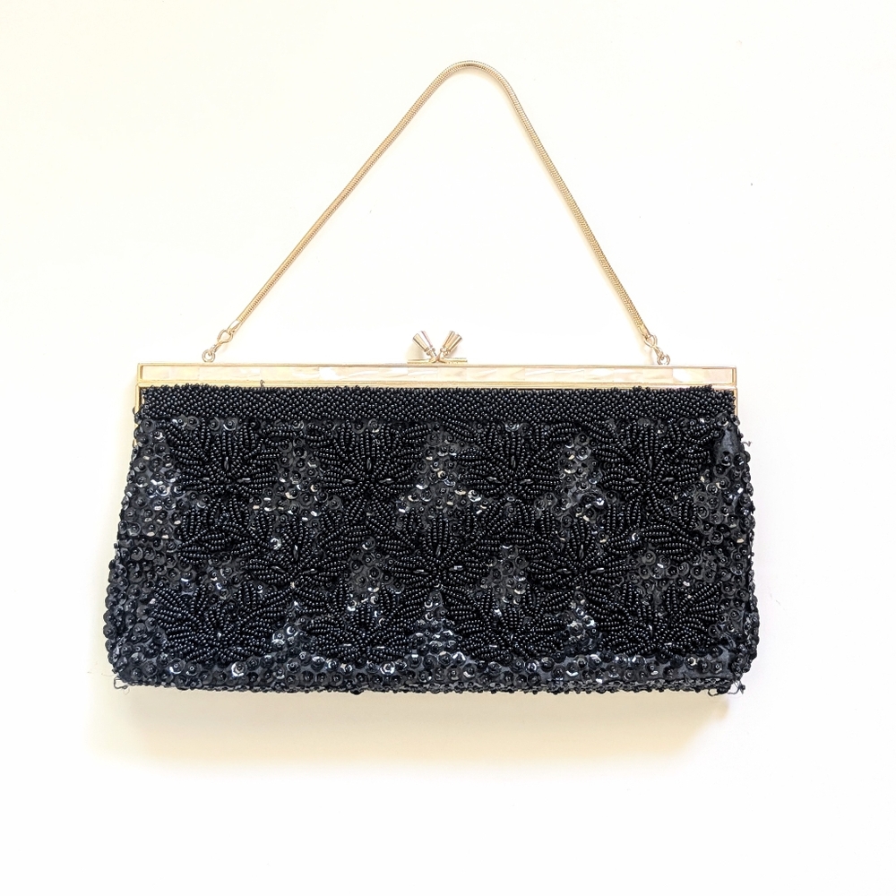 Vintage Black Beaded Evening Bag with Sequins and Mother of Pearl Inlay